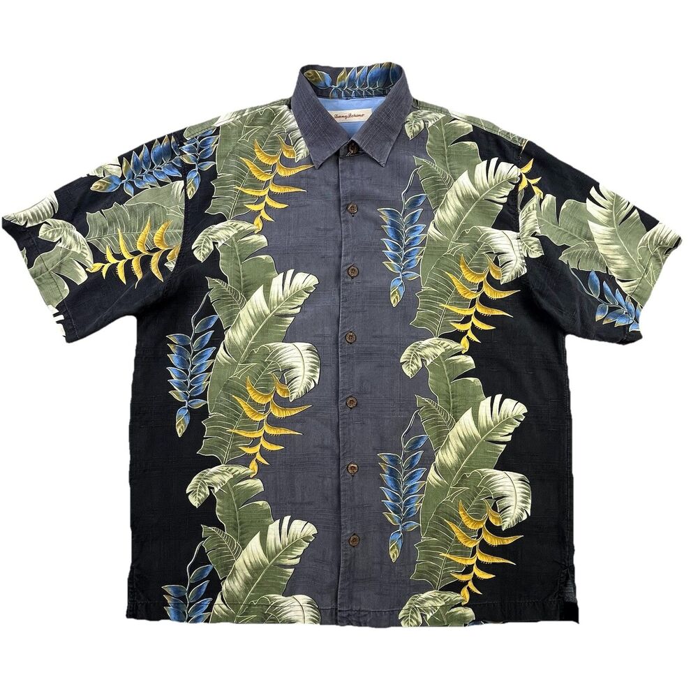 Tommy Bahama Hawaiian Shirt Men L Black Gray 100% Silk Floral Vacation Beach